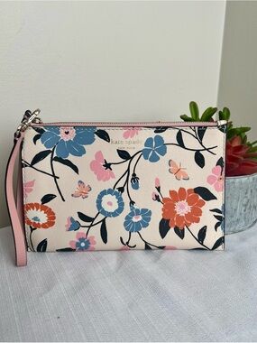 kate spade Pink Floral Zip Wristlet with Blue & Orange Blooms